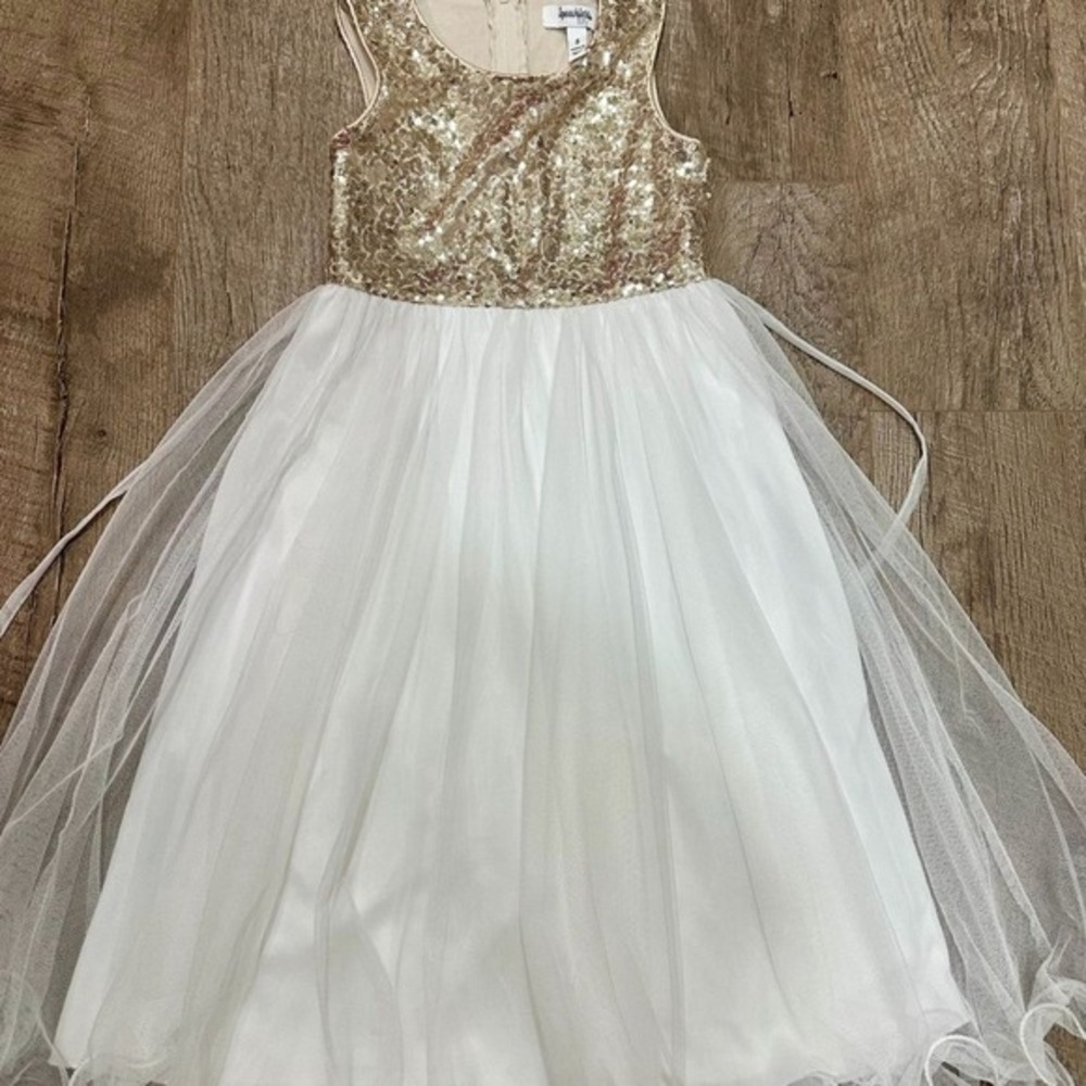 Speechless Girls White Gold Sequin Tulle Dress Faux Fur Bolero Set Size 5 - Picture 2 of 5